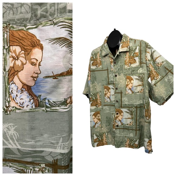 Y2K Hula Girl Print Loop Collar Hawaiian Shirt Short Sleeve / Men’s XL * - Picture 1 of 4